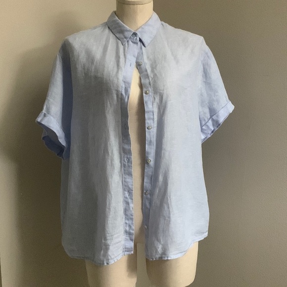 TAHARI Women’s Linen Button Down Hem Roll Up Short Sleeve Shirt Size L - Picture 1 of 9